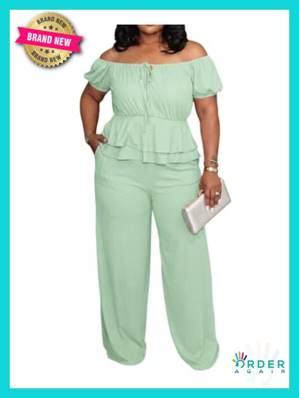 Plus Size 2 Piece Set Off Shoulder Top Wide Leg Pants Suit